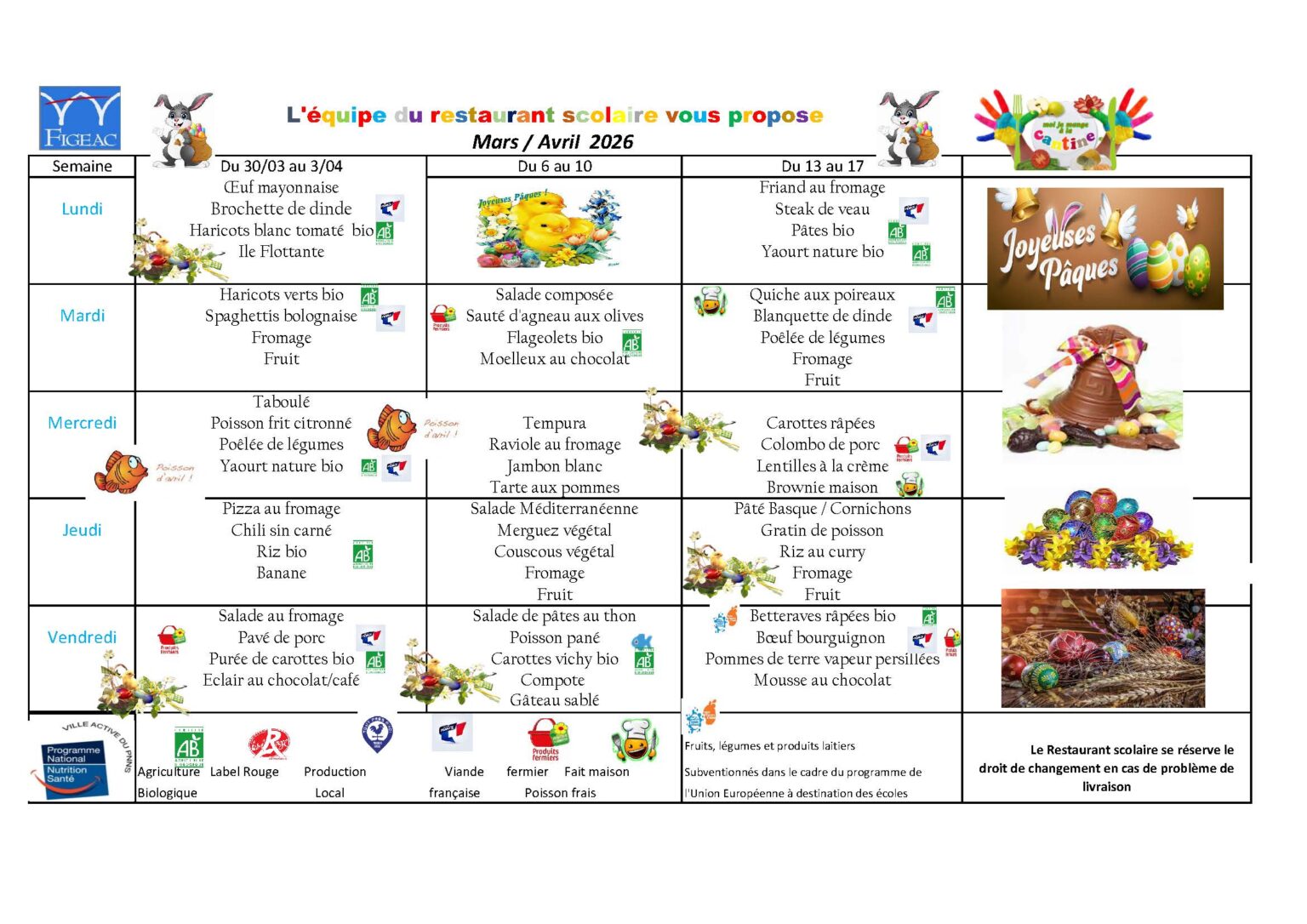 2026 -Menu Du Mois De Mars-Avril 2026